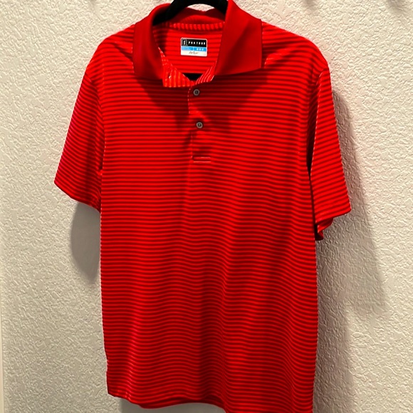PGA Tour mens stripes power clash red orange collar golf M short sleeve shirt - Picture 1 of 4